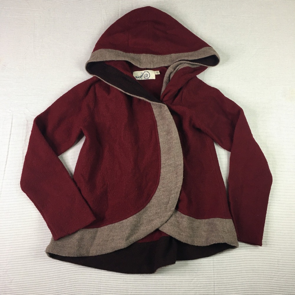 Rosie Neira Boiled Wool Hooded Jacket XS Burgundy Red Asymmetrical Wrap Cardigan